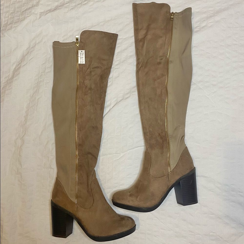 NWT Tan & Beige Over The Knee Boots Chunky Mid Block Heel